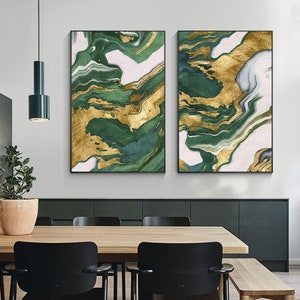 Emerald Green Gold foil set of 2 modern framed wall art, original abstract minimalist painting canvas, living room decor huge oversize large