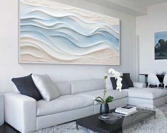 Large Abstract Textured Wave Painting, Minimalist Neutral Beige and Blue Canvas Wall Art, Ocean-Inspired 3D Modern Home Decor