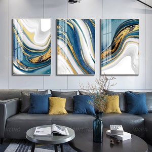 Set of 3 Wall Art Gold Painting Light Blue Wall Art Abstract Wall Art ...