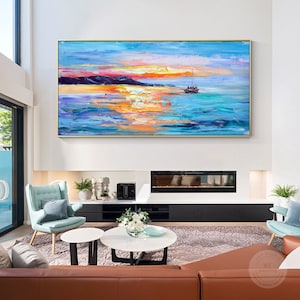 Orange Blue Seascape Painting, Sunrise Sunset Sailboat Ocean Painting on Canvas, Abstract Textured Painting, Long Horizontal Wall Art Decor