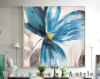 Pintura floral abstracta de flores azules, pinturas acrílicas sobre lienzo, pintura azul extragrande original, imágenes de pared, decoración del hogar