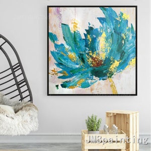 Framed painting Valentines Decor Original Flower Acrylic Painting Palette knife Extra Large Floral textured gold bule Wall art Pictures
