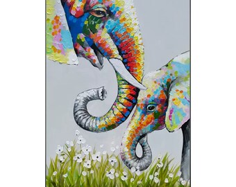 カラフルな象の家族の絵画：テクスチャ加工されたアクリルキャンバスの