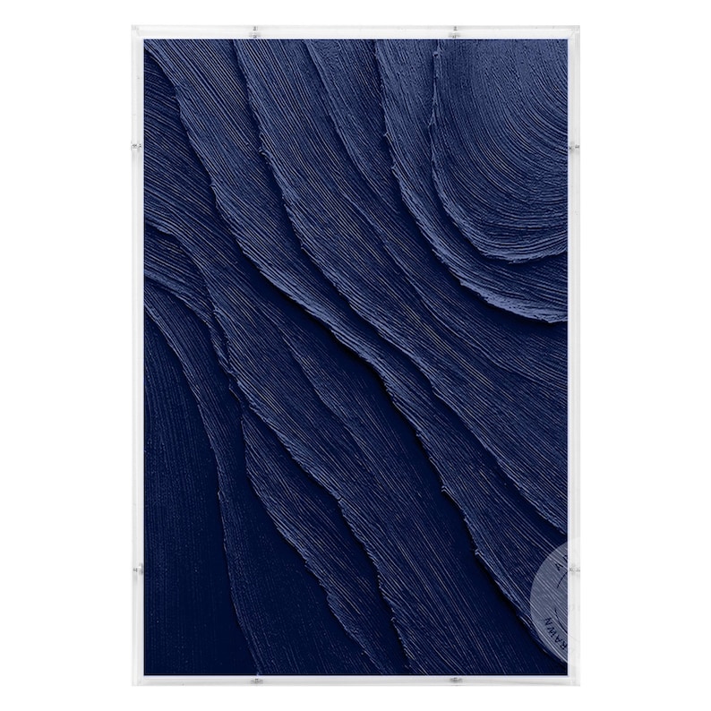 May include: Abstract painting with a textured, blue background. The paint is applied in thick strokes, creating a swirling, wave-like pattern.