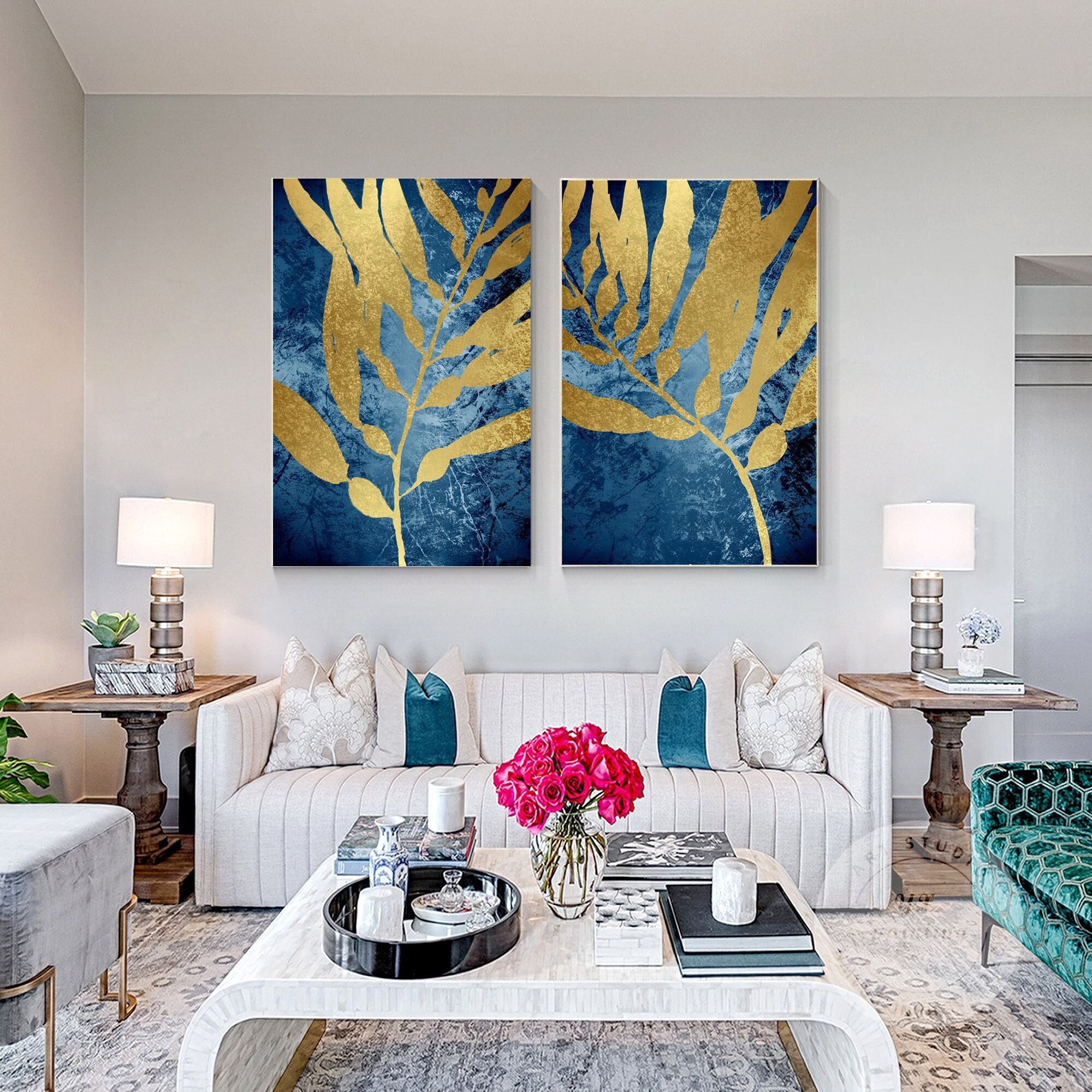 Blue Gold Leaf Set of 2 Pieces, Abstract Painting on Canvas