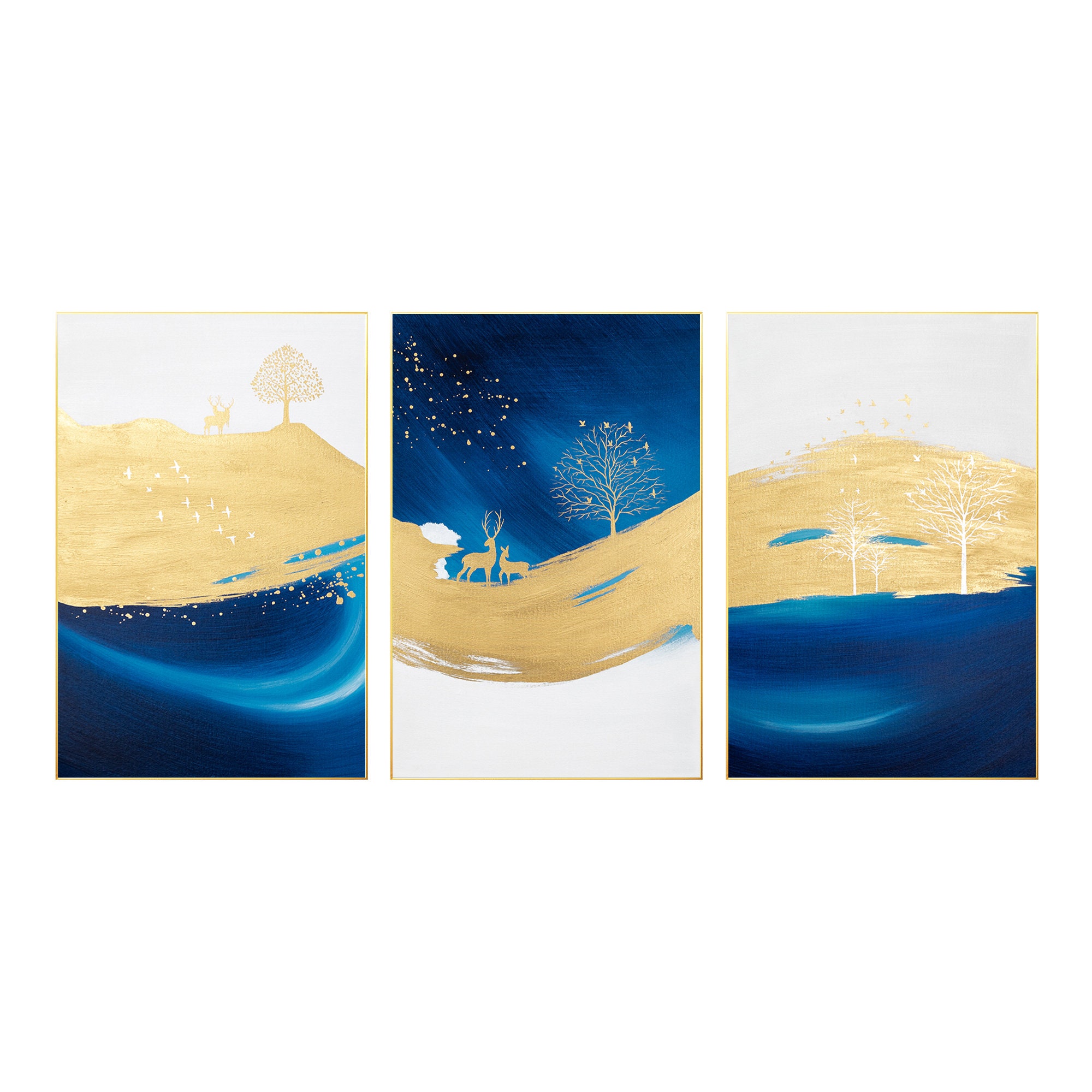 Navy Blue Gold Abstract Painting 3 Pieces Painting on Canvas, Set of 3 ...