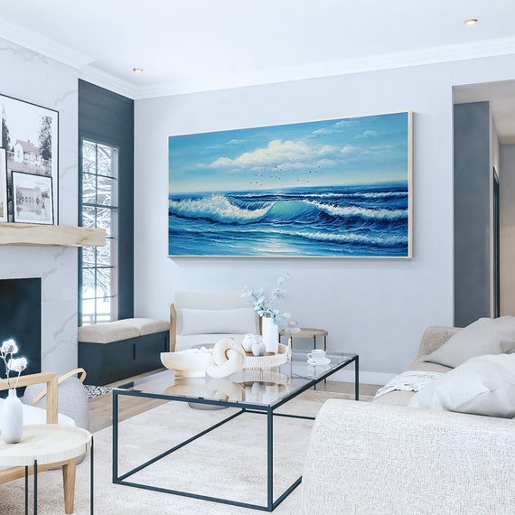 質感のある海景画：青い海の波、額装キャンバスウォールアート - Etsy 日本