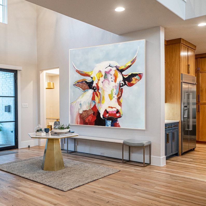 Acrylic square painting of a multicolored cow face for room decor