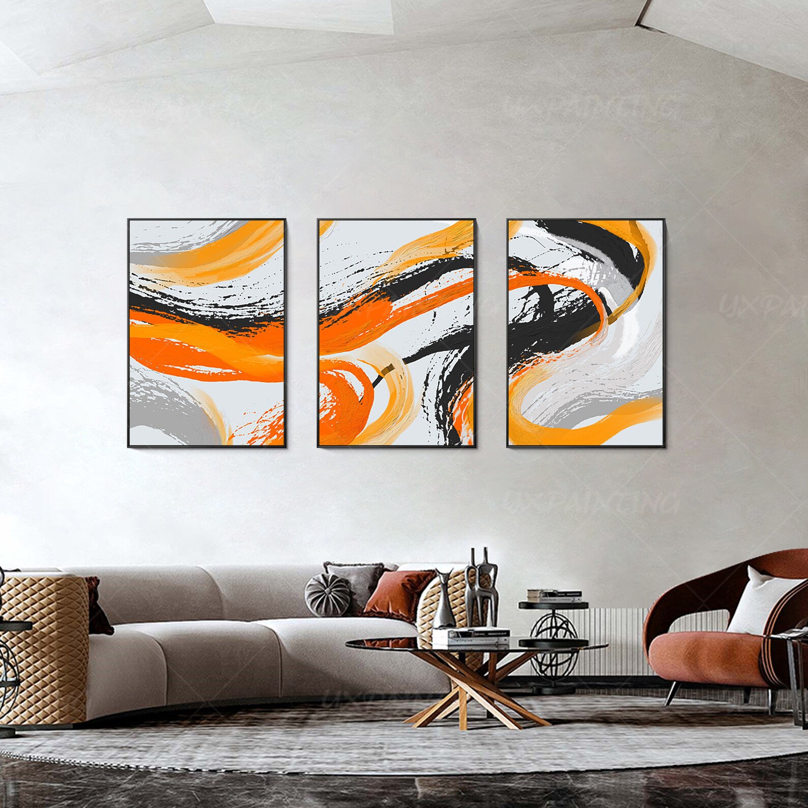 Water Color Set of 3 Wall Art Abstract Black Orange Wall Art Etsy