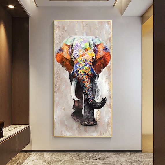 キャンバスに描かれた象の絵画：額入りの侘び寂びウォールアート