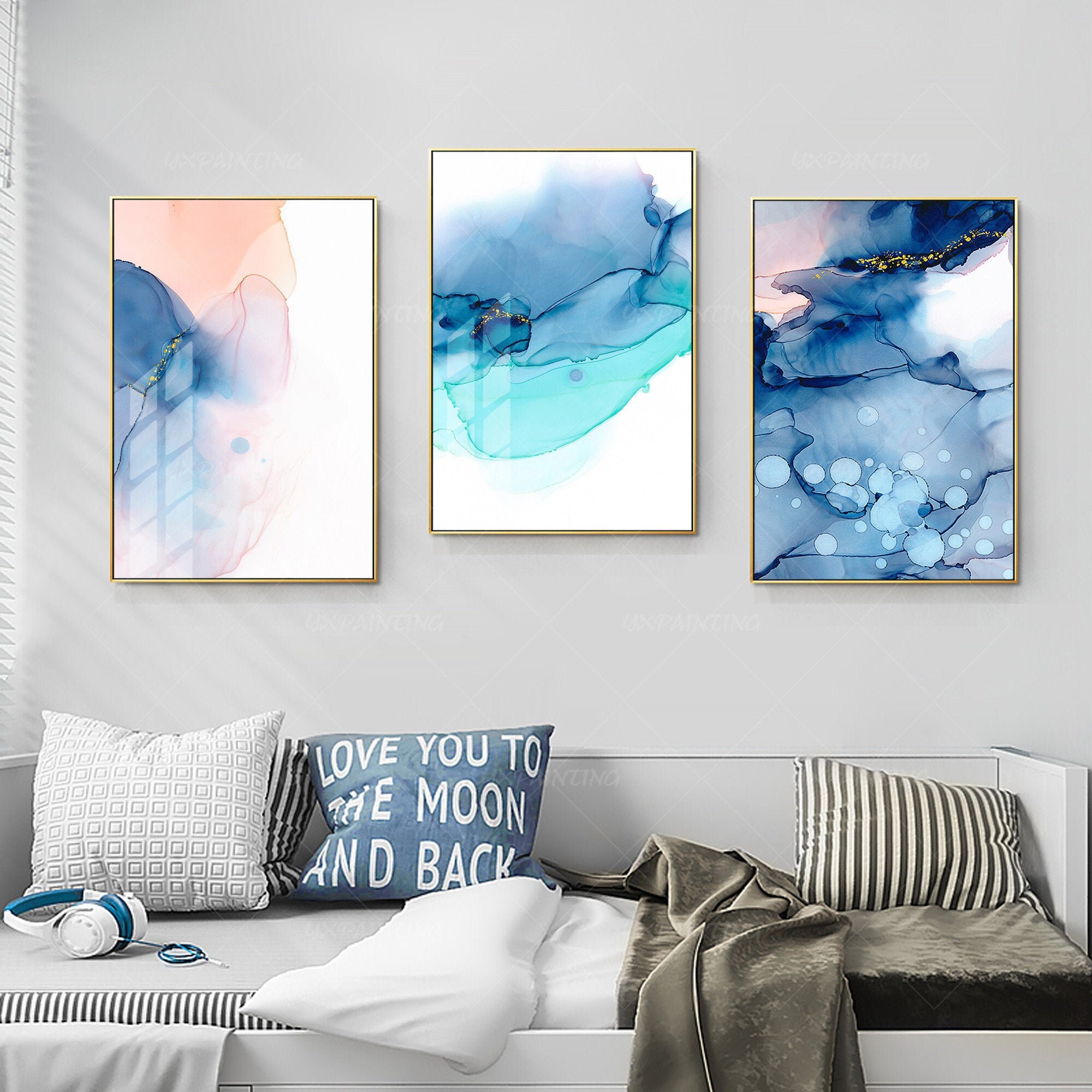 Water color Framed painting set of 3 wall art Abstract print Etsy