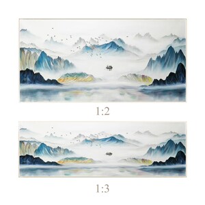 Teal Mountain Painting Original, Watercolor Painting Long Horizontal Livingroom Framed Wall Art, Landscape Painting on Canvas Wall Art Decor Silver Frame