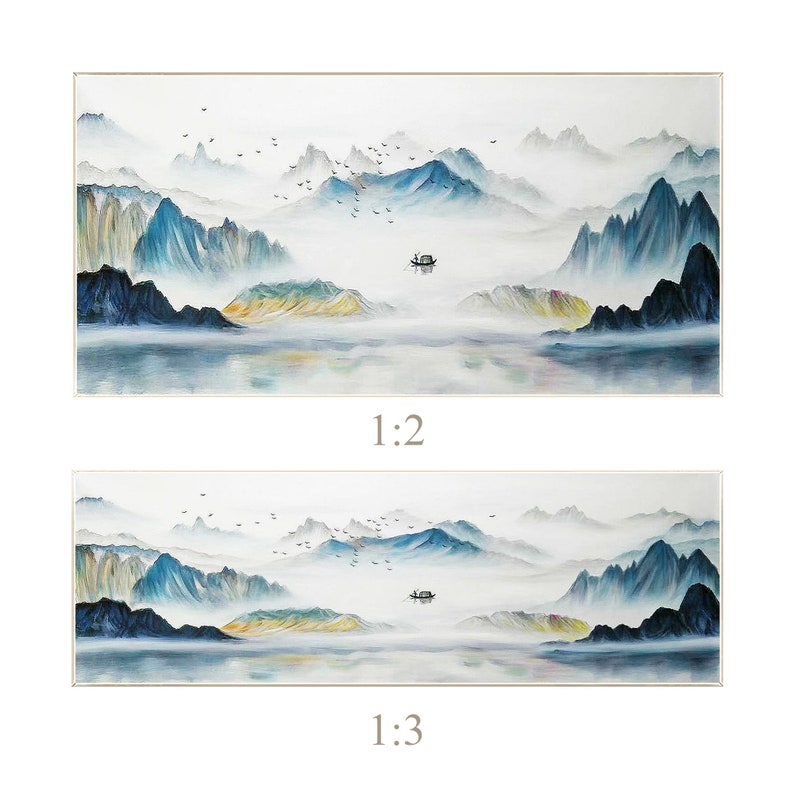 Teal Mountain Painting Original, Watercolor Painting Long Horizontal Livingroom Framed Wall Art, Landscape Painting on Canvas Wall Art Decor Silver Frame