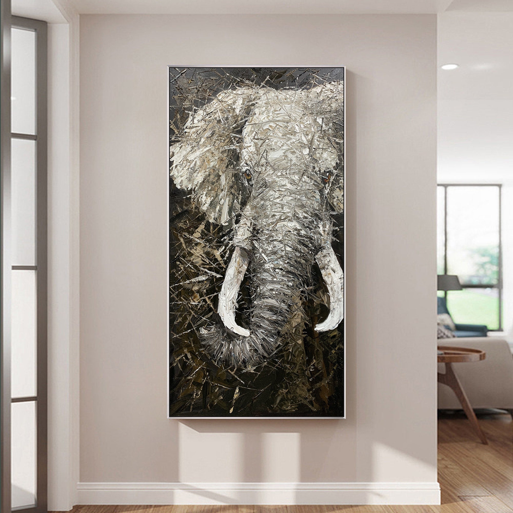 Black White Elephant Painting on Canvas Elephant Wall Art Etsy