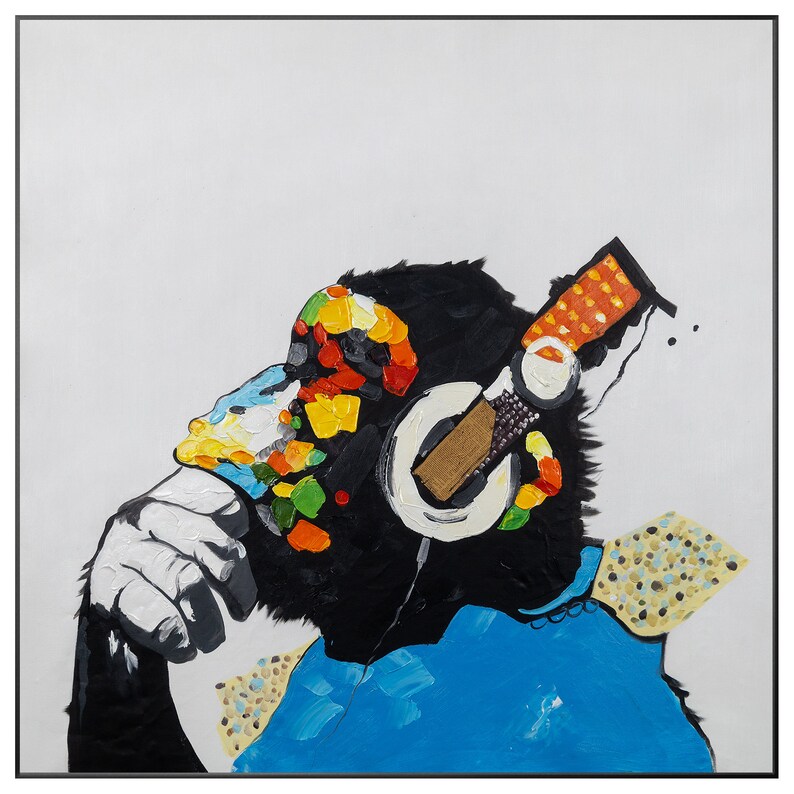 May include: A colorful abstract painting of a monkey wearing headphones. The monkey is painted in shades of black, white, and brown, with a colorful pattern on its head. The headphones are white and have a black cord. The background is white.