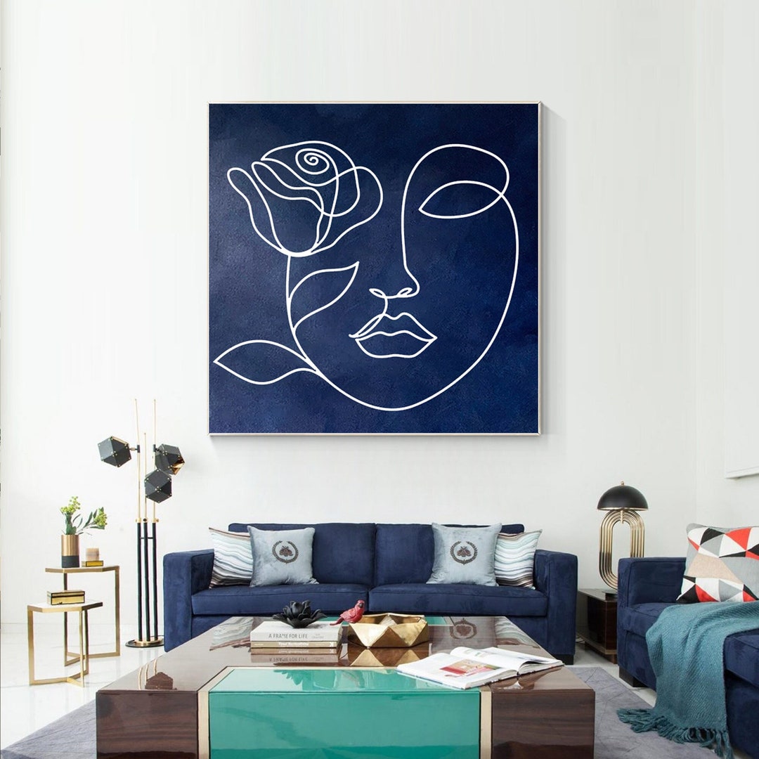 Navy Blue Abstract White Line Painting on Canvas Square Navy Etsy