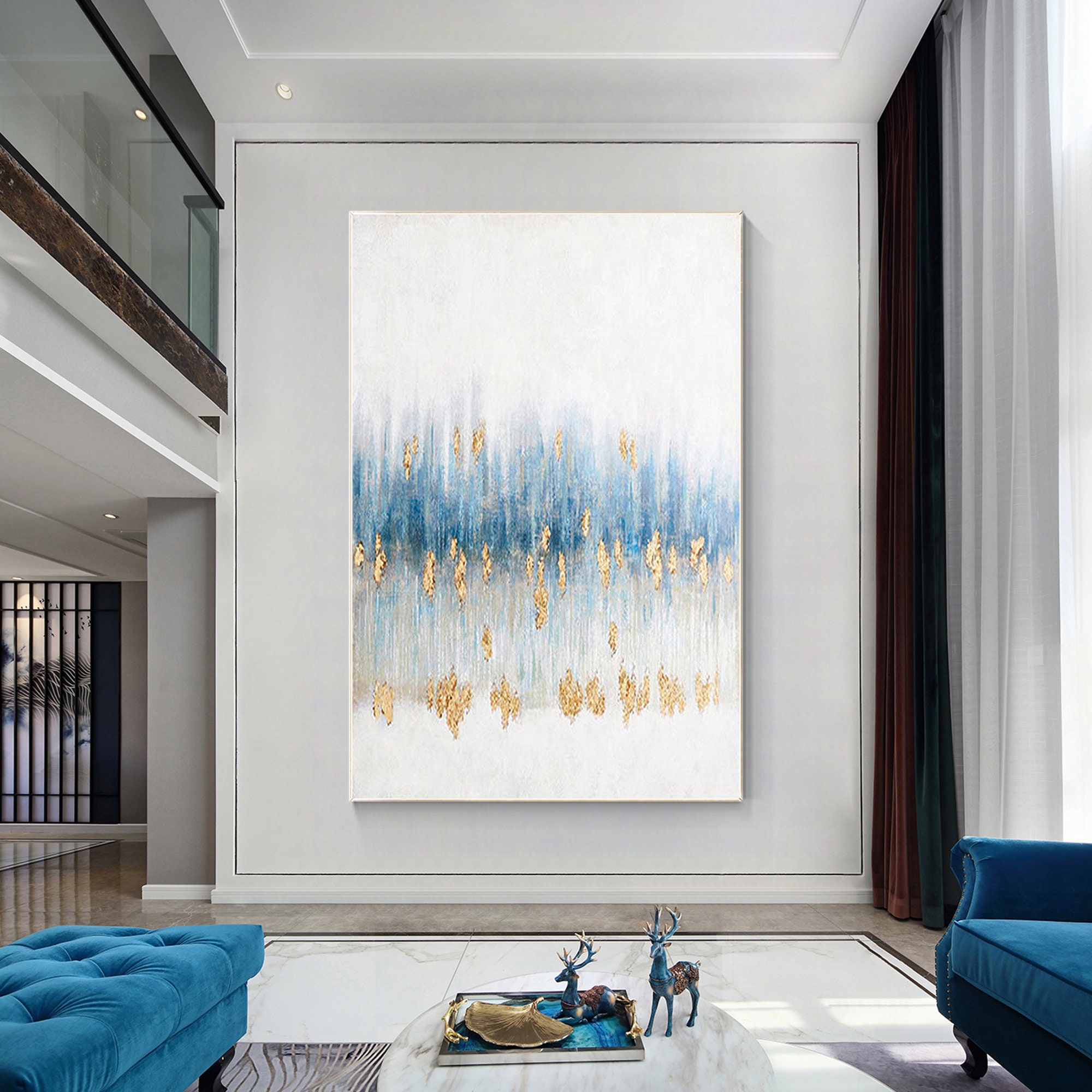 Gold Foil Blue Abstract Painting on Canvas, Extra Large Wall Art Living ...