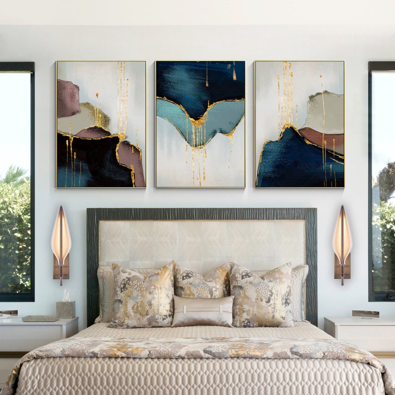 Set of 3 Pieces, Framed Wall Art, Abstract Painting, Gold Leaf Blue ...