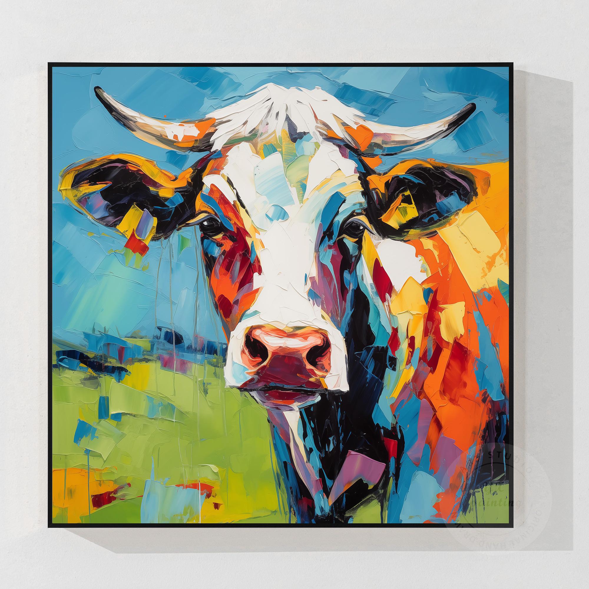 カラフルな質感の牛の絵画、キャンバスに描かれたオリジナルの油絵