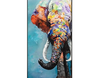 オリジナルの象の絵画:カラフルなポップアート、特大キャンバス オリジナルの象の絵画:カラフルなポップアート、特大キャンバス