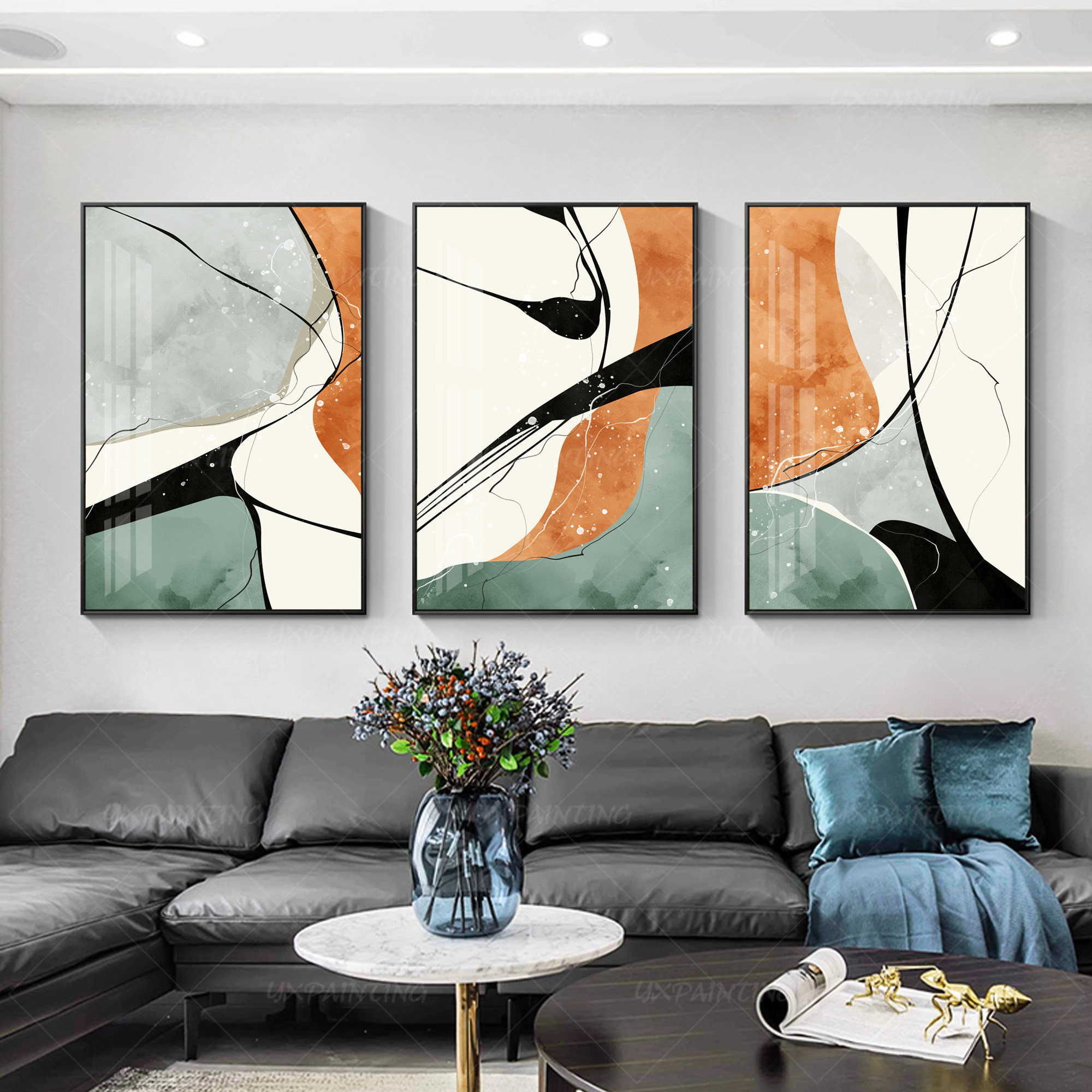 Set of 3 Prints Framed Wall Art Geometric Black Art Orange Green