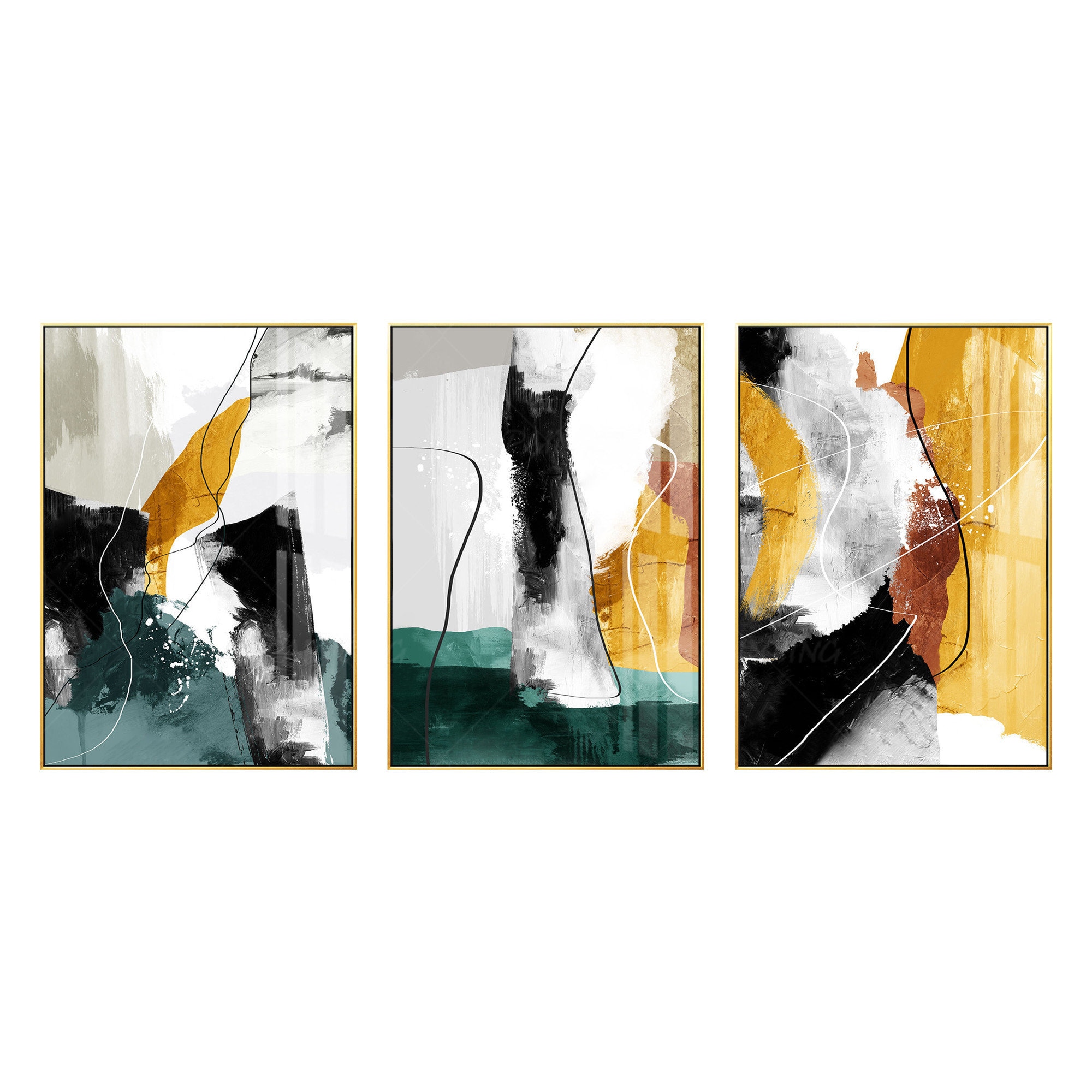 オリジナル3枚セット 抽象的 手作り絵画 黒 白 緑 黄色 大型壁アート