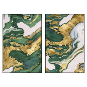 May include: A set of two rectangular wall art pieces featuring an abstract marbled pattern. The design consists of flowing, organic layers of deep forest green, metallic gold, and soft white, all enclosed within thin, black rectangular frames.