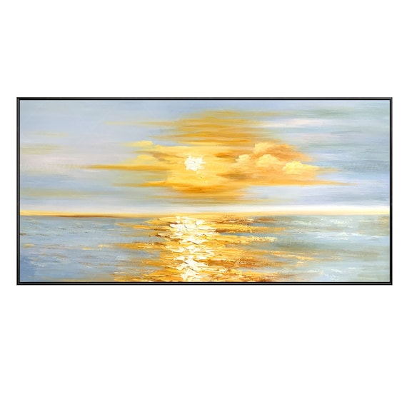 黄金の日の出の壁アート、オリジナルの海景の横長の壁アート（額入り
