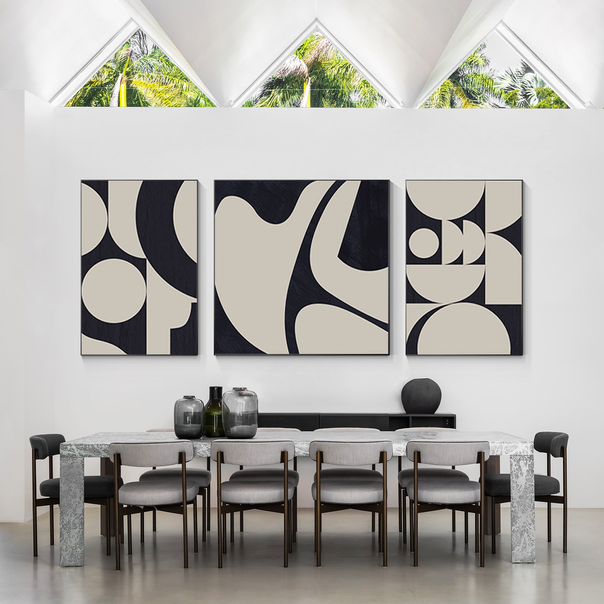 Black and White Abstract Geometric Canvas Art Set - Textured Wall Decor ...