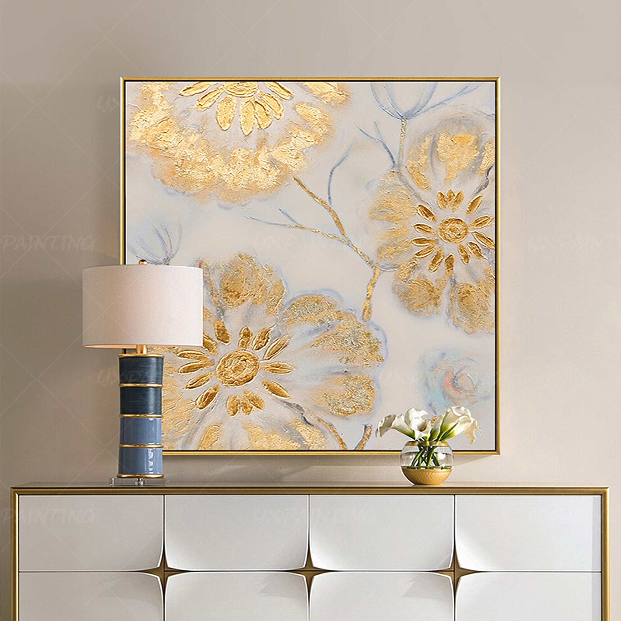 Gold art framed wall art acrylic floral Paintings on Canvas Etsy