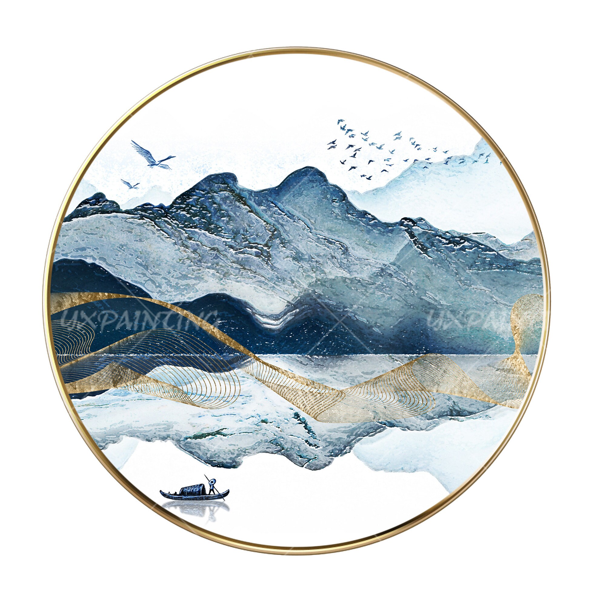 Printable Wall Art Round Framed Prints Abstract Mountain Lake Etsy