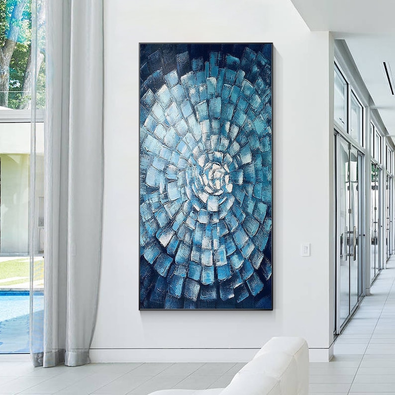 View of Blue Abstract Texture Wall Art Original Painting on Canvas, Geometric ...