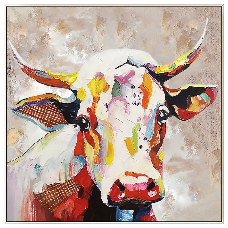 May include: A colorful abstract painting of a cow's head. The cow is white with splashes of red, yellow, green, blue, and purple paint. The background is a muted gray with hints of gold.