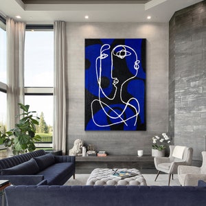 hand-painted Blue minimalist Picasso line painting on canvas. Extra-large wall decor, original one-line design