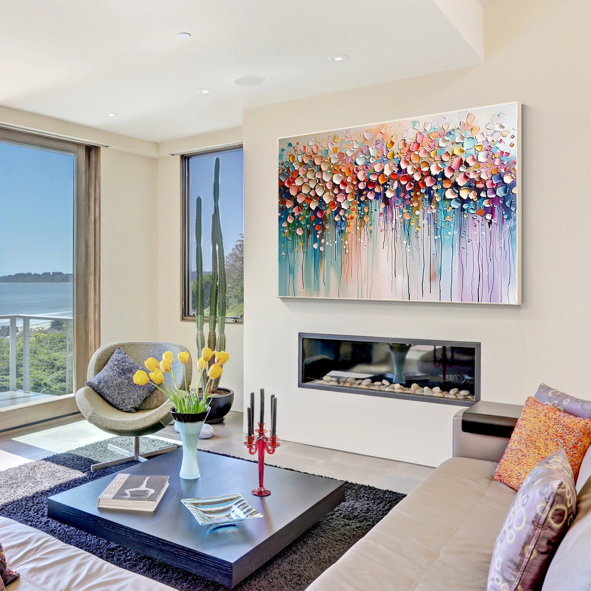 Textured Floral Painting on Canvas, 3D Abstract Wildflower Wall Art ...