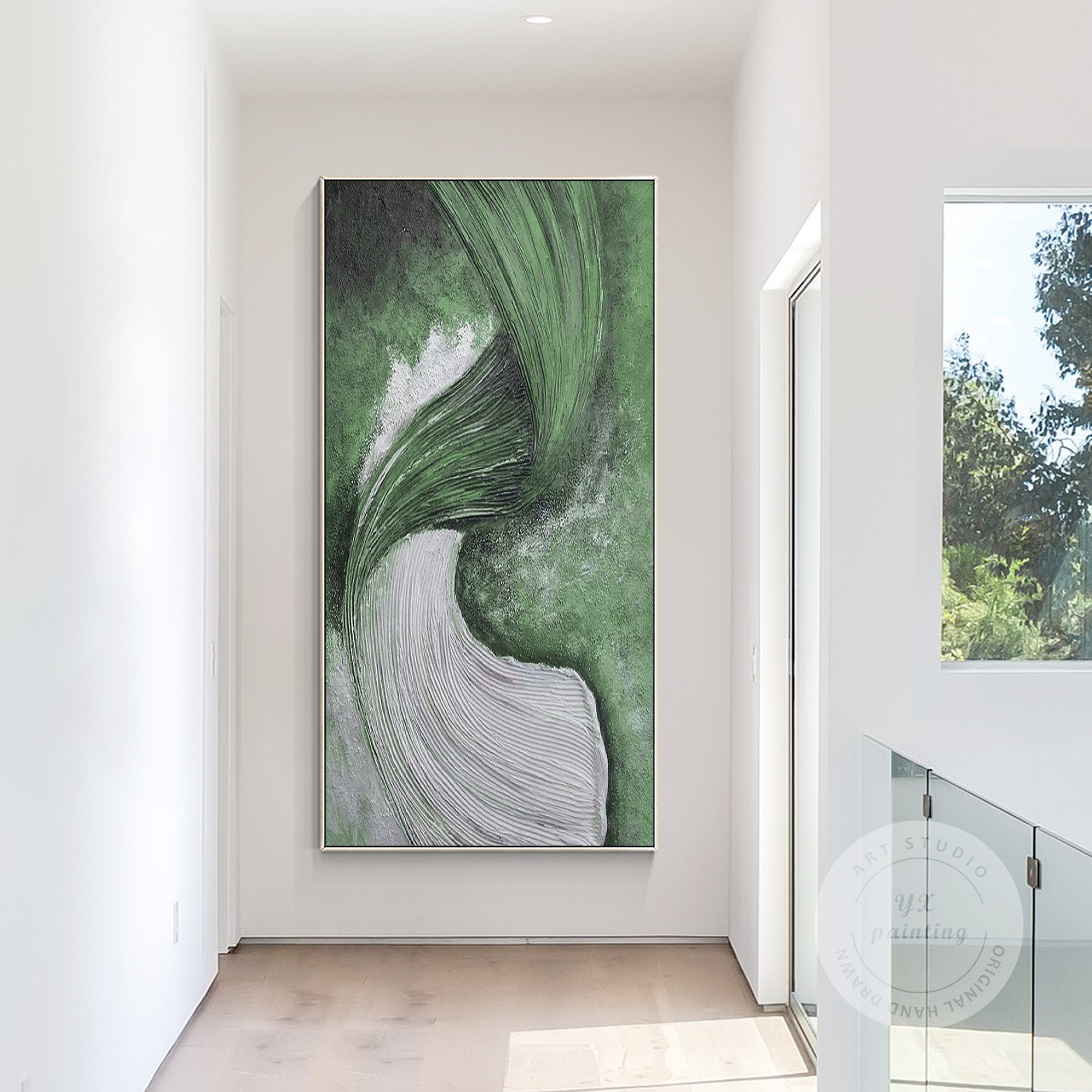 Sage Green Abstract Painting on Canvas: Long Vertical Wall Art - Etsy