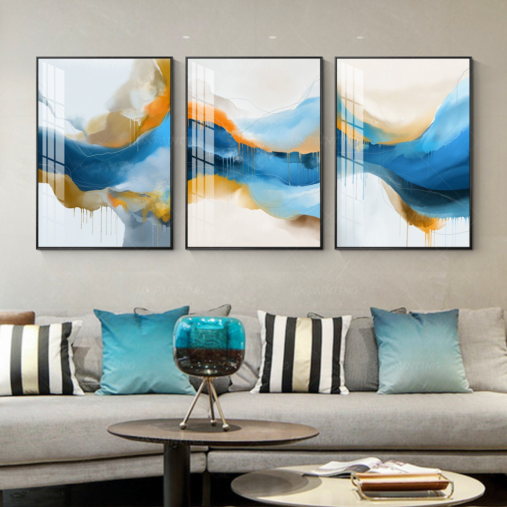 Set of 3 Water Color Mountain Gold Art Abstract Painting Large | Etsy