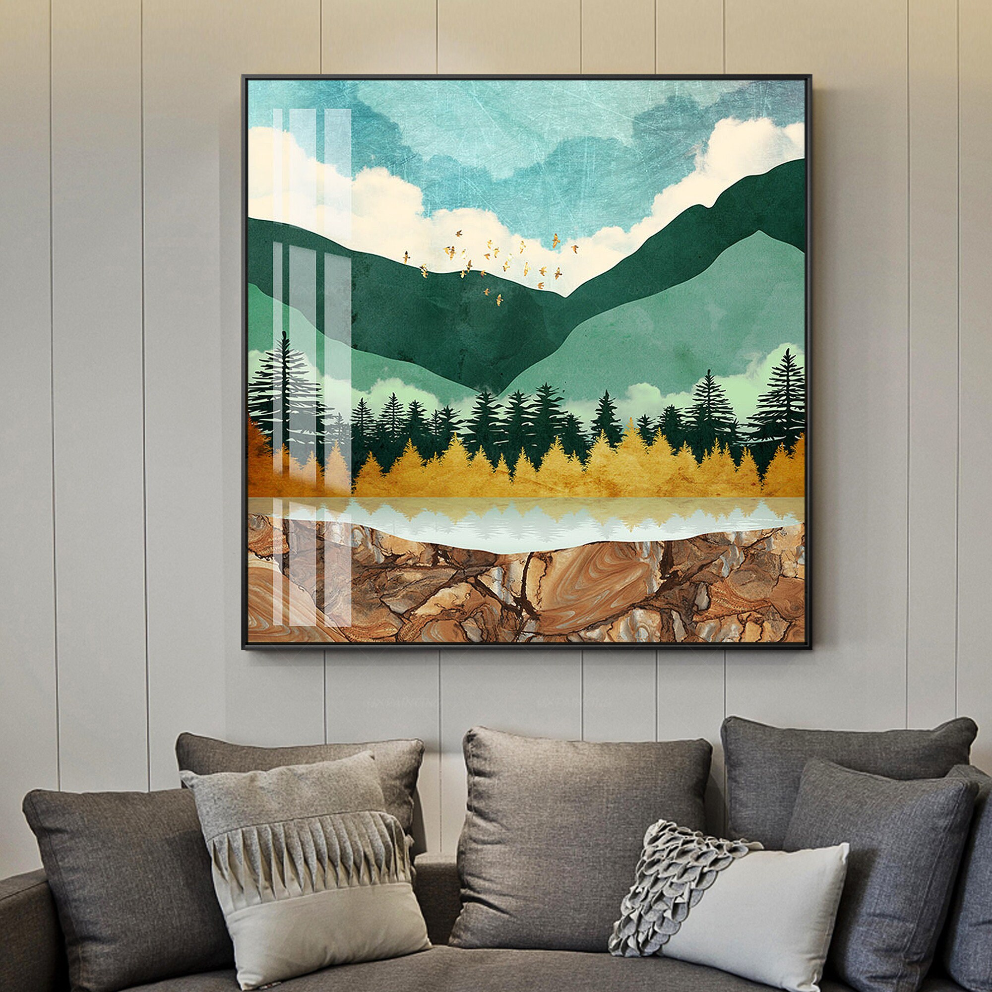 Framed Wall Art gold art Set of 3 wall art Print cloudy art Etsy