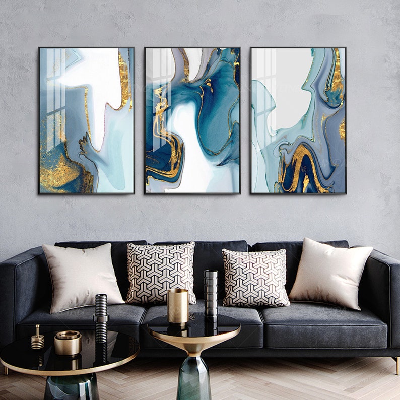 Wall painting set of 3 Framed wall art Set of 3 wall art Gold Etsy