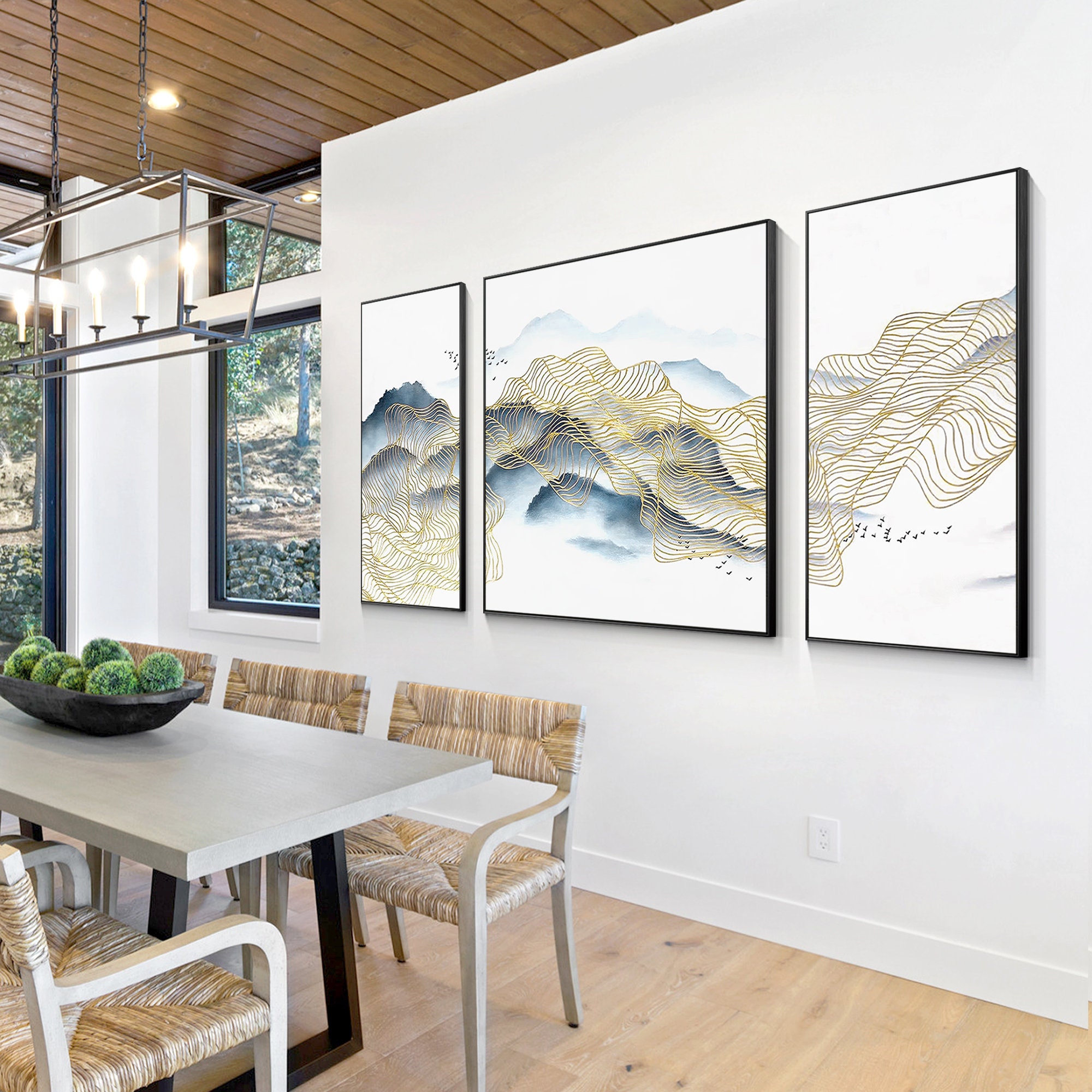 Mountain Painting on Canvas Set of 3 Wall Art Framed Gold - Etsy