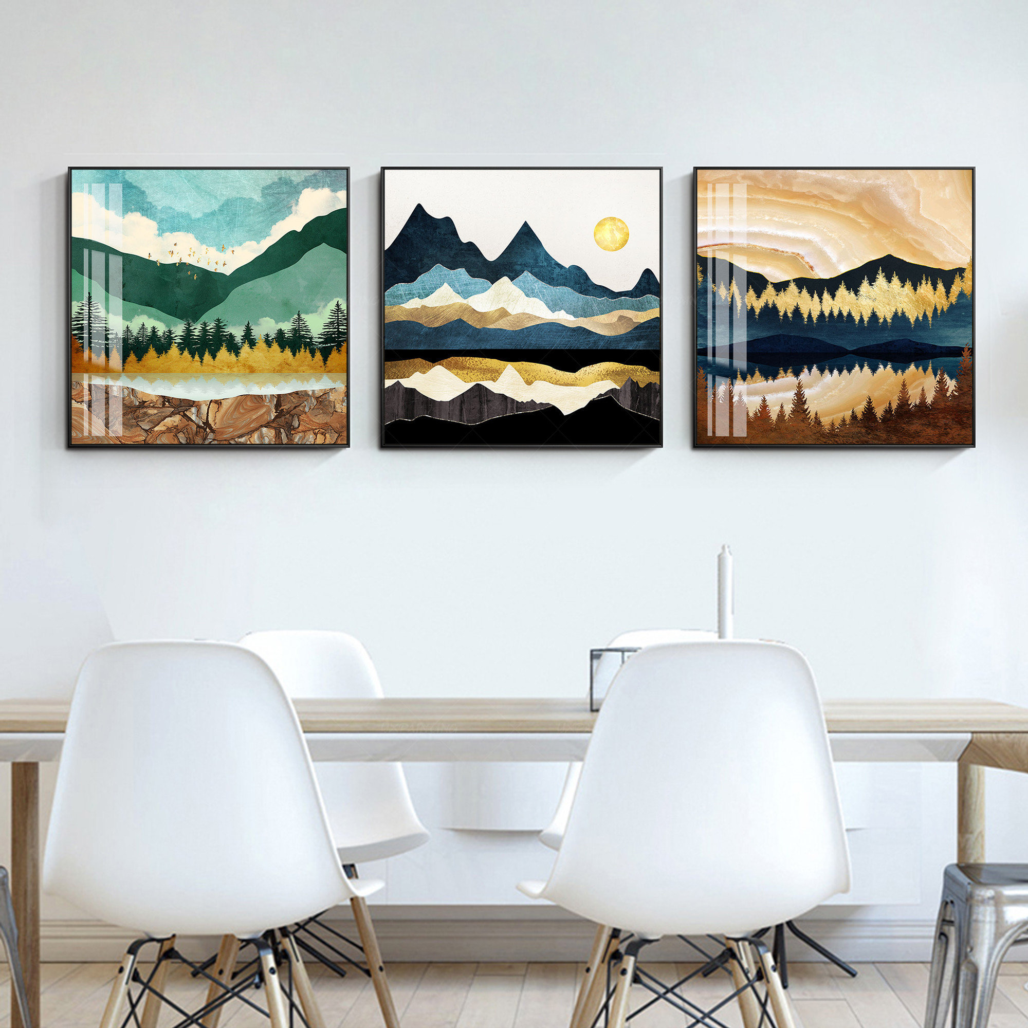 Framed Wall Art gold art Set of 3 wall art Print cloudy art Etsy