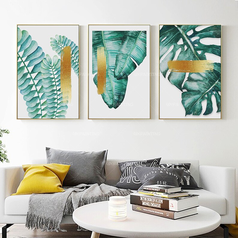 Set of 3 Wall Art Abstract Green Tree Leaf Gold Art Painting Etsy