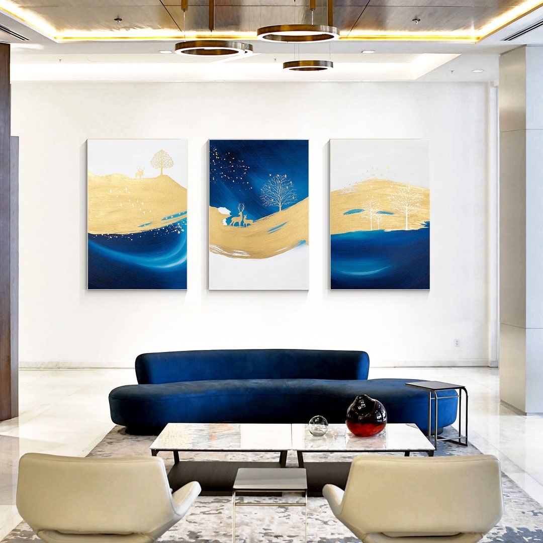 Navy Blue Gold Abstract Painting 3 Pieces Painting on Canvas - Etsy Israel