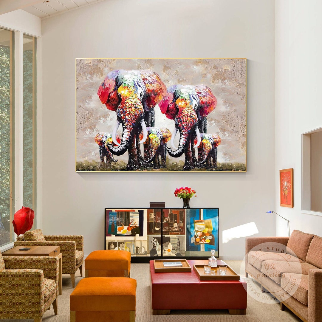 Elephant Family Canvas Painting Original, Palette Knife Textured