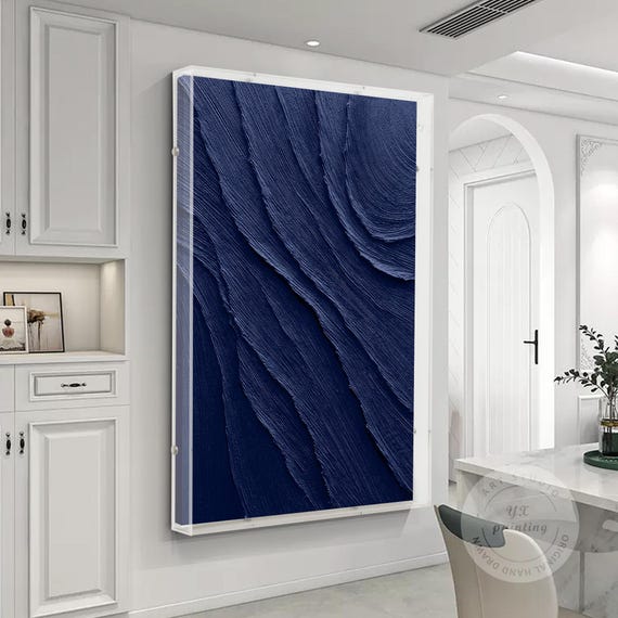 Navy Blue Art with a Acrylic Shadow Box Frame, Minimalist Painting on Canvas,  3D Textured Blue Ocean Wave Art, Large Size Blue Wall Decor