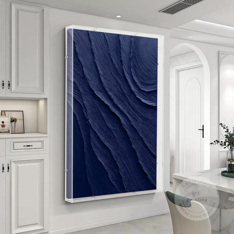Navy blue 3D textured ocean wave painting on canvas with acrylic shadow box frame, large wall decor