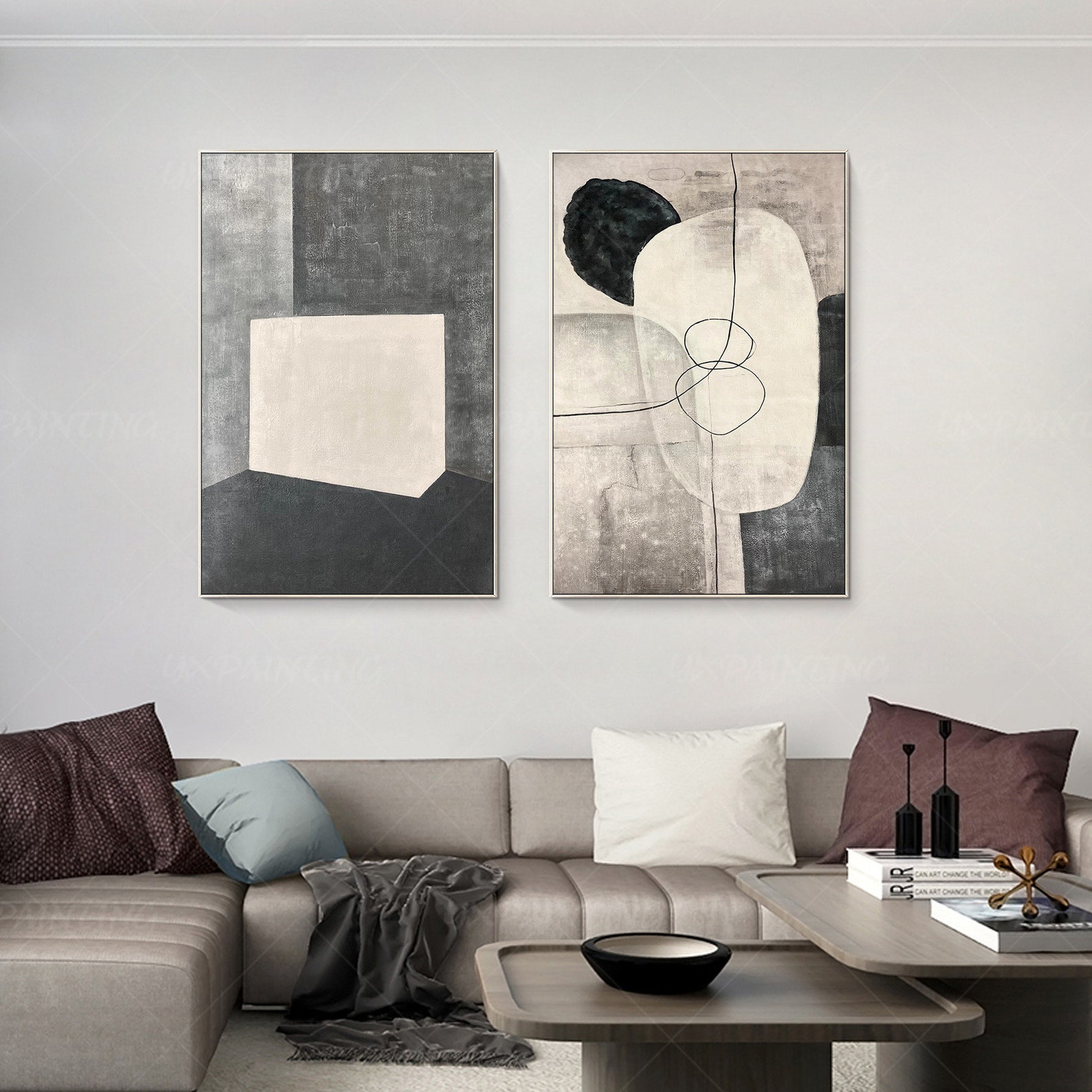 Set of 2 Wall Art Framed Painting Beige Grey Painting 2 Pieces Etsy