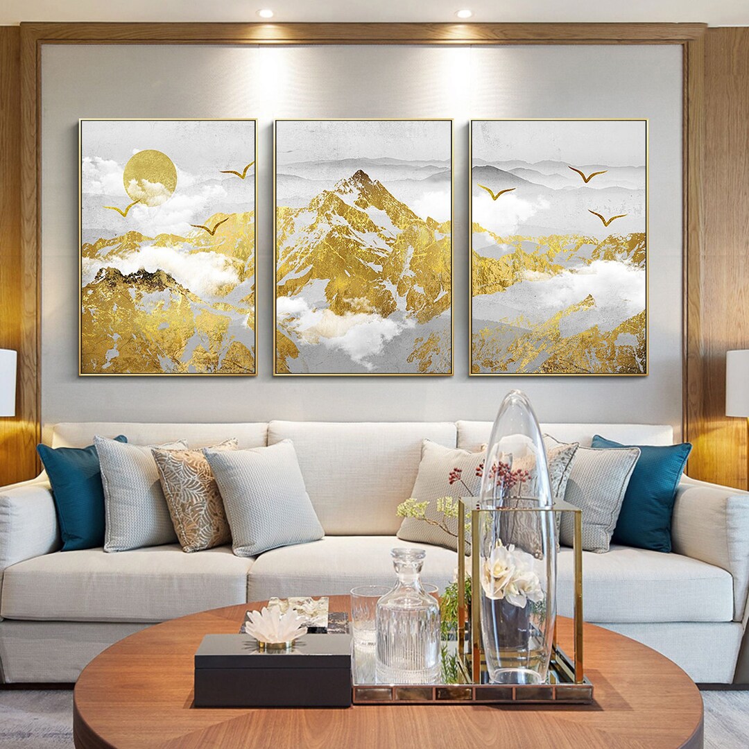 Printable Wall Art Set of 3 Wall Art Gold Mountain Print Living Room ...