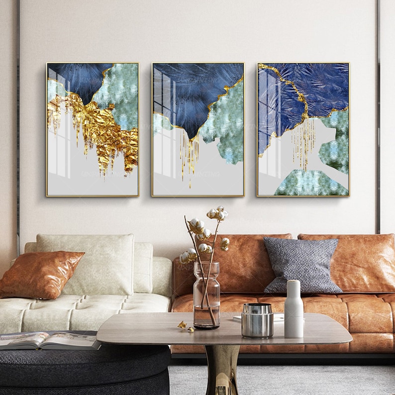 Framed wall art Set of 3 Prints Geometric Gold art navy Blue | Etsy