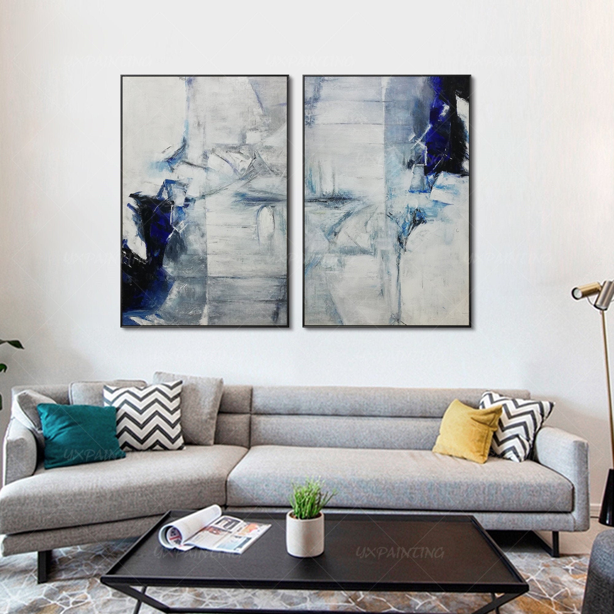 Framed wall art Set of 2 wall art Abstract blue paintings On Etsy